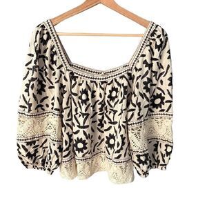 CHRISTIAN SIRIANO Linen Blend Blouse Size S Cream Floral Lace Puff Bohemian